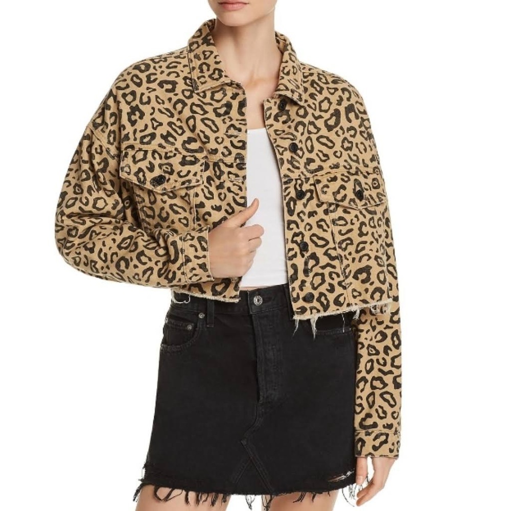 Sunset + Spring Leopard Print Raw Hem Cropped Denim Jacket